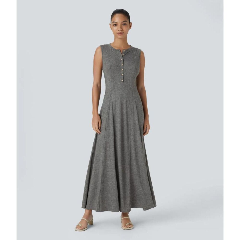 Halara Round Neck Button Sleeveless Flare Maxi Casual Dress, NEW! Large